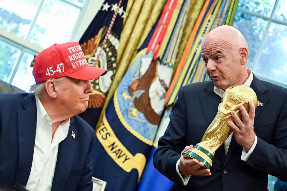 Donald Trump in a red "TRUMP RIGHT EVERYTHING" "45-47" hat and Gianni Infantino holding the FIFA World Cup trophy.