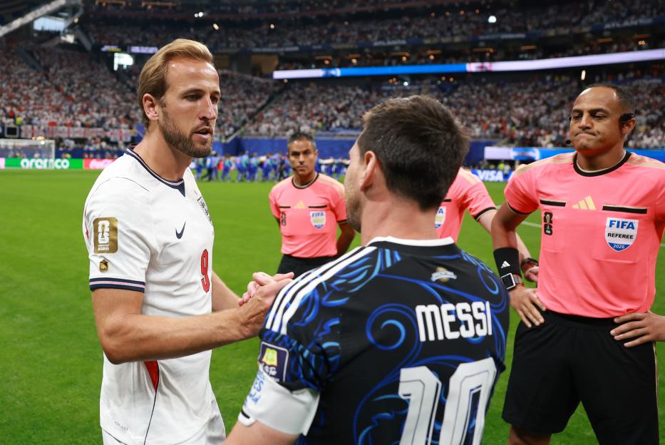 Referee Ismail Elfath conducts the coin toss between Harry Kane of England and Lionel Messi of Argentina before the FIFA World Cup 2026 Semi-Final match.