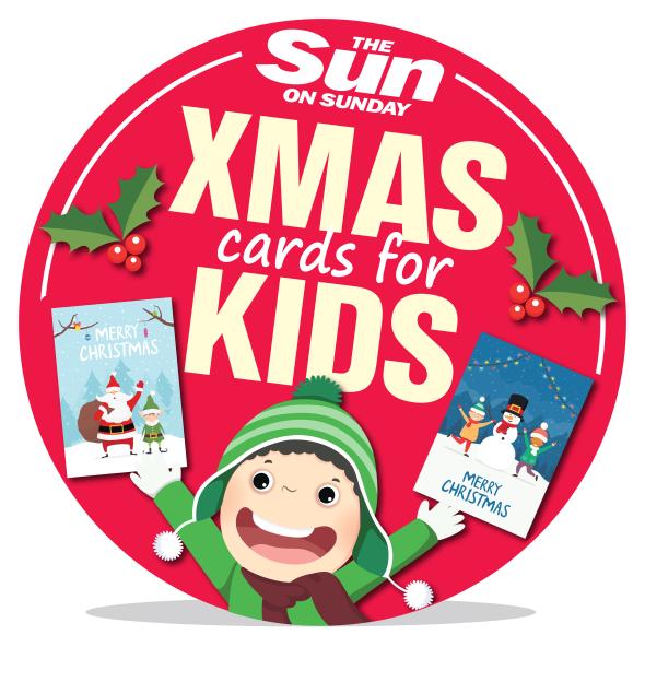 Illustration of "The Sun on Sunday Xmas Cards for Kids" logo with a child holding two Christmas cards.