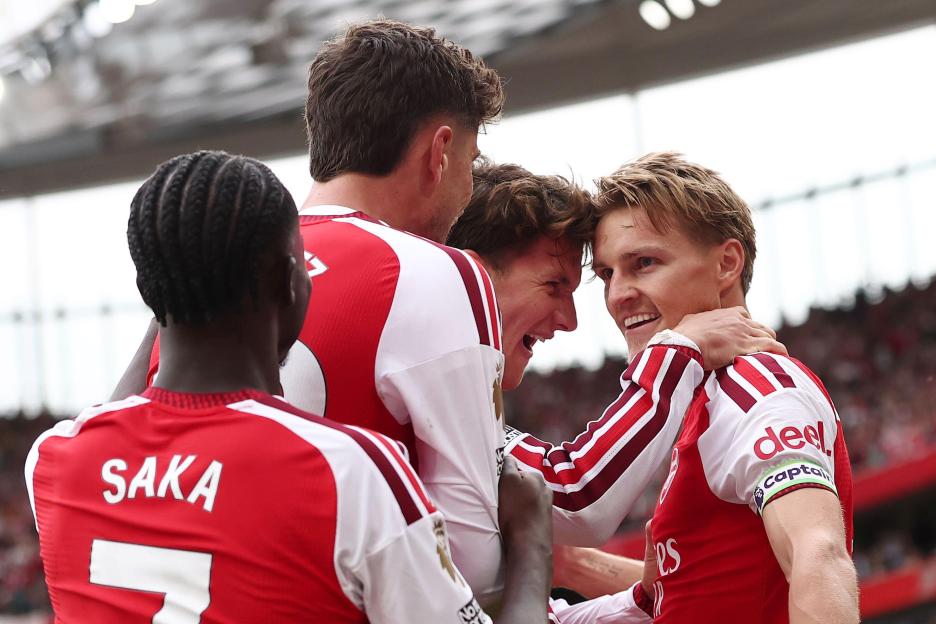 London, UK. 6th Sep, 2026. Martin Odegaard of Arsenal scoring and celebrating his sides second goal during the Arsenal vs Chelsea Premier League match at the Emirates Stadium, London. Picture credit should read: David Klein/Sportimage Credit: Sportim