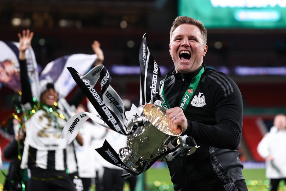 Eddie Howe, Newcastle United manager, celebrating with the Carabao Cup trophy.