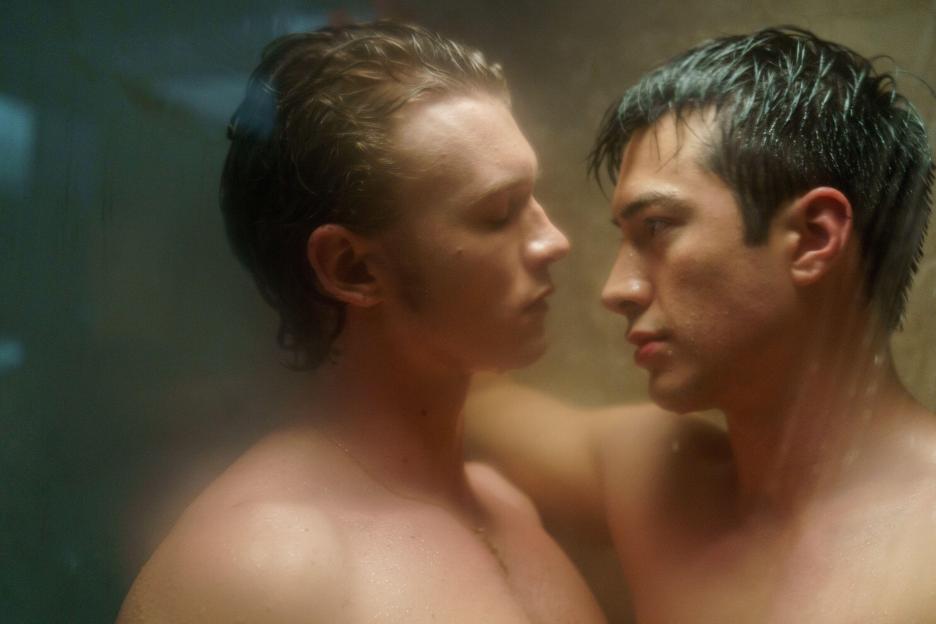 Hudson Williams and Connor Storrie in a shower scene from the TV series "Heated Rivalry."