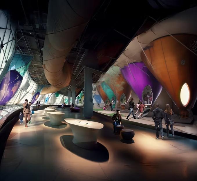 Illustration of an immersive, hands-on museum attraction with people interacting with exhibits.