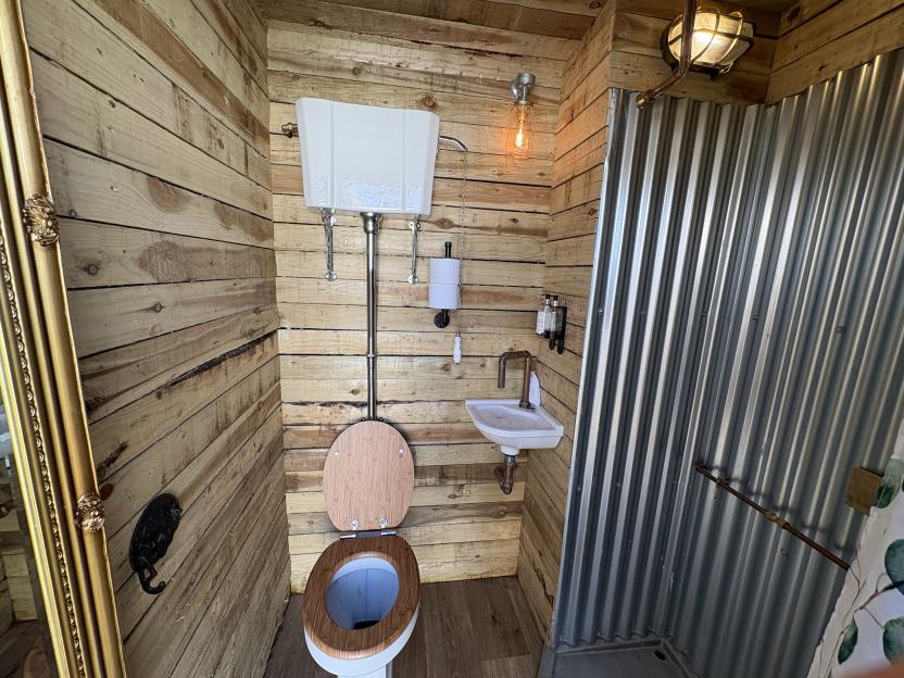 A bathroom with a white toilet with a wooden seat, a small white sink, and a shower with corrugated metal walls.