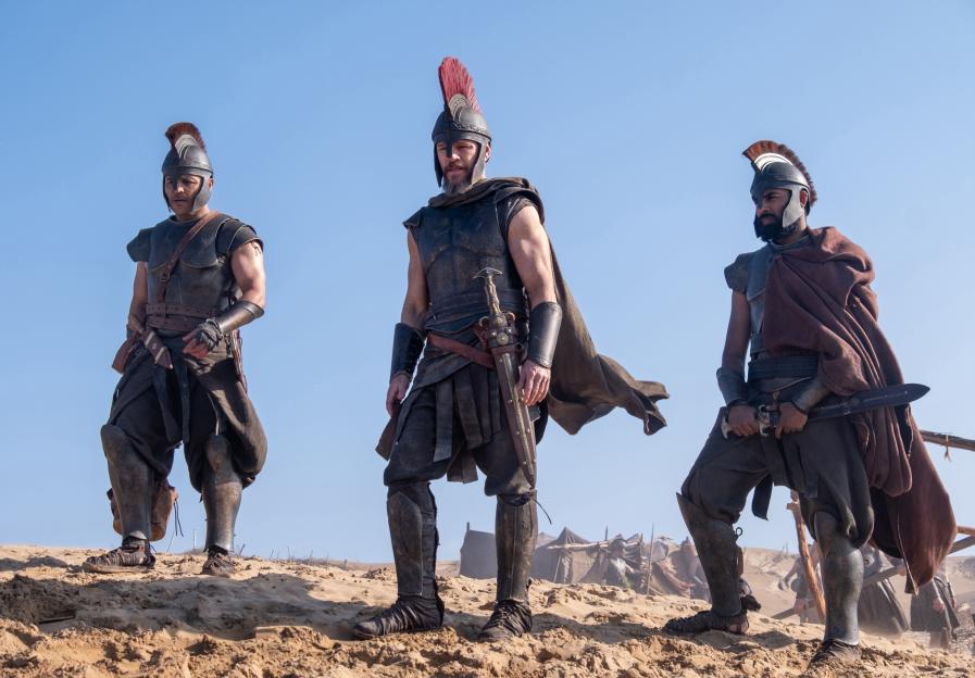Jimmy Gonzales as Cepheus, Matt Damon as Odysseus, and Himesh Patel as Eurylochus in a still from "The Odyssey."