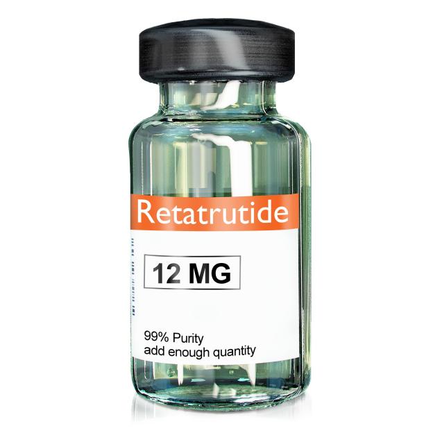 Illustration of a vial labeled "Retatrutide 12 MG" and "99% Purity".