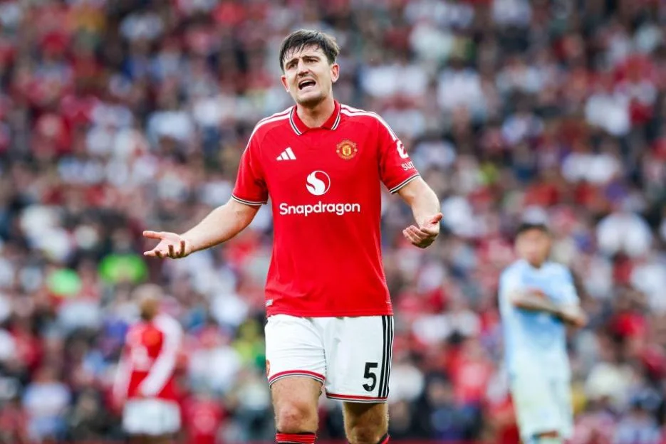 Manchester United defender Harry Maguire gestures in frustration during a match at Old Trafford.
