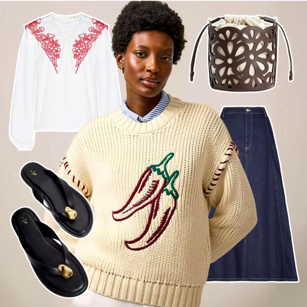 Collage of a woman wearing a cream sweater with embroidered chilies, a blue and white striped shirt, and a dark denim skirt, along with a white blouse with red embroidery, a brown cutout bucket bag, and black sandals with gold details.