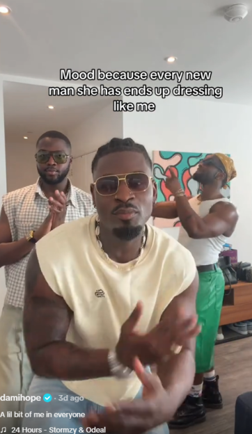 Three men wearing sunglasses and stylish clothing, with the text "Mood because every new man she has ends up dressing like me."