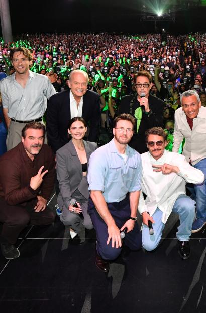 Marvel Studios Panel at 2026 San Diego Comic-Con with James Marsden, Rebecca Romijn, Hannah John-Kamen, Tenoch Huerta, Lewis Pullman, David Harbour, Kelsey Grammer, Hayley Atwell, Chris Evans, Robert Downey Jr., Pedro Pascal, Joe Russo, Anthony Russo, Simu Liu, Anthony Mackie, Letitia Wright, Danny Ramirez, Paul Rudd, Kevin Feige, and Winston Duke.