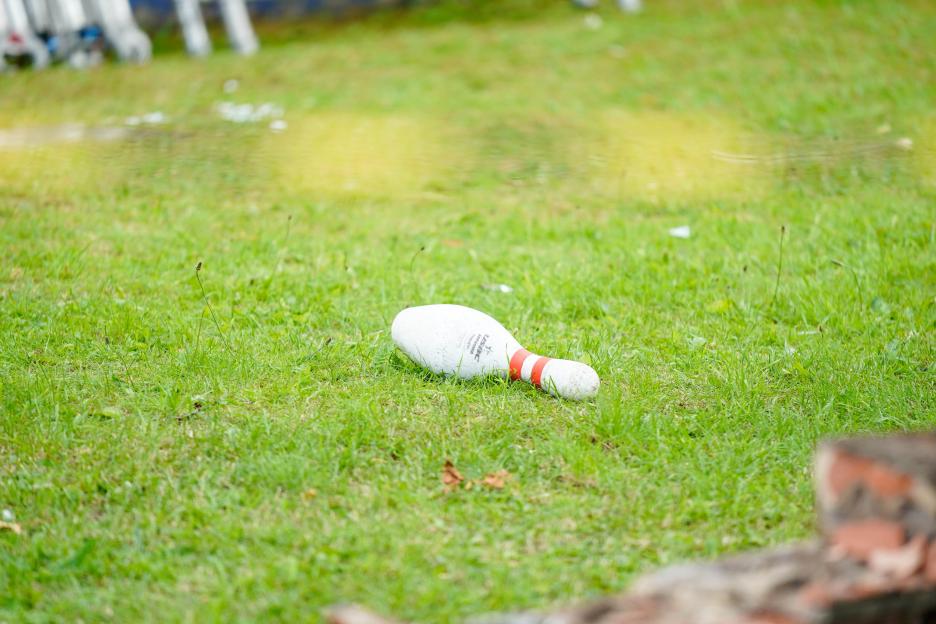 A bowling pin lies on its side in green grass.