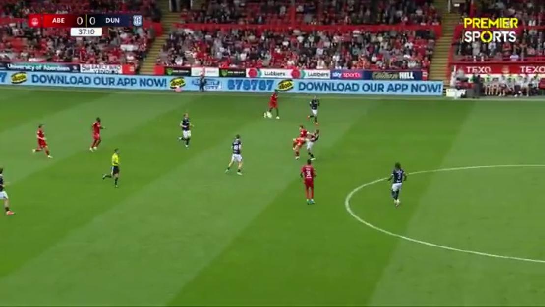 Football players on a field with an Aberdee vs Dun goal counter showing 0-0.