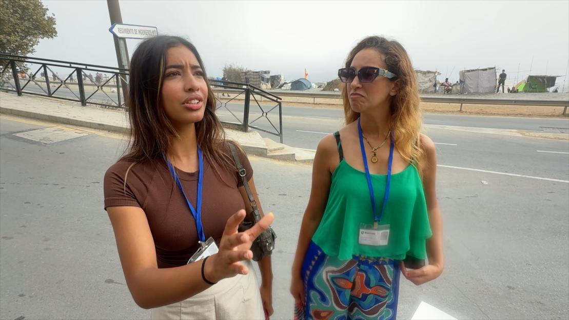 Hasnaa Ramsi, 18, and her friend Oumaim Azzaoui, 25, in a squalid makeshift refugee camp in Ceuta.