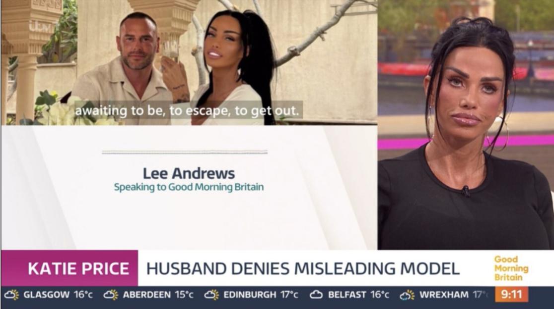A news broadcast with Katie Price's husband Lee Andrews and a model, with the headline "Katie Price Husband Denies Misleading Model."