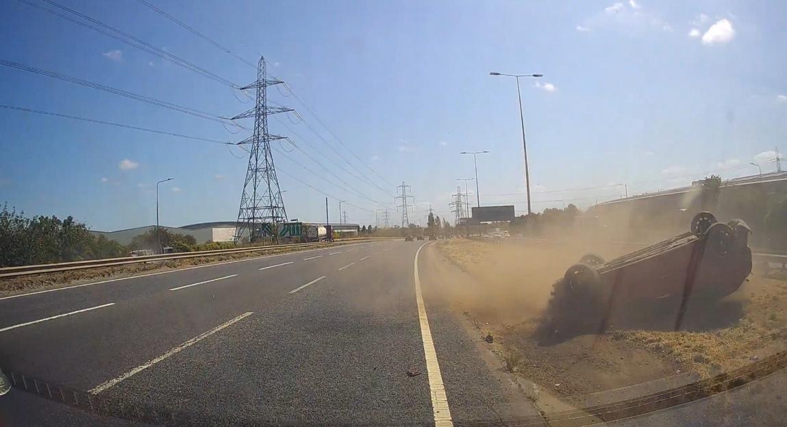 Car rolls onto roof after two vehicles collide on A13 - leaving three hospitalised
