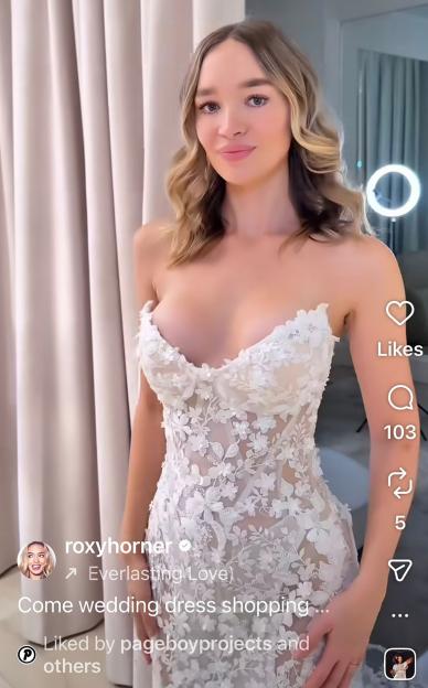 Roxy Horner trying on wedding dresses.