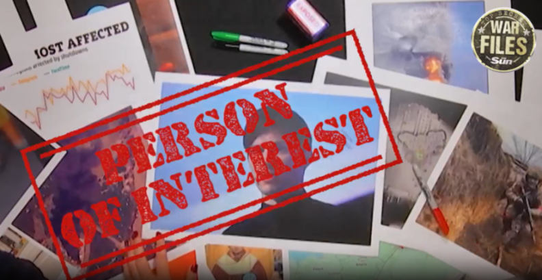 Collage of "Person of Interest" stamped over various images, including a man's face, charts, and war-related photos.