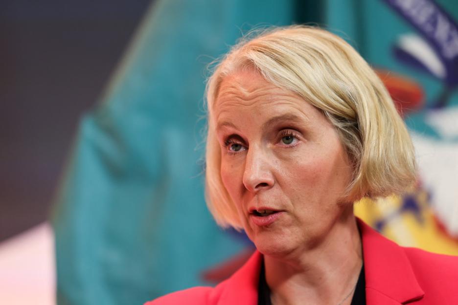 Britain's Chief Secretary to the Treasury Emma Reynolds speaks during a G20 meeting.