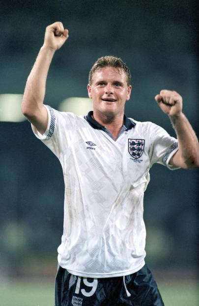 Paul Gascoigne celebrating in his England football kit.