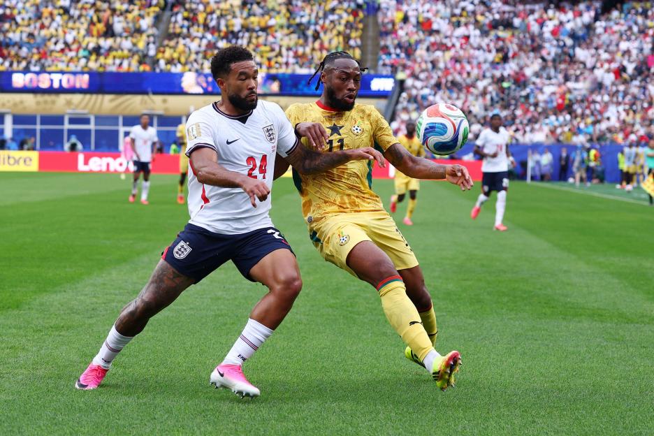 Foxborough, USA, 23rd June 2026. Reece James of England and Antoine Semenyo of Ghana challenge for the ball during the England vs Ghana FIFA World Cup match at Gillette Stadium, Foxborough. Picture credit should read: Paul Terry / Sportimage