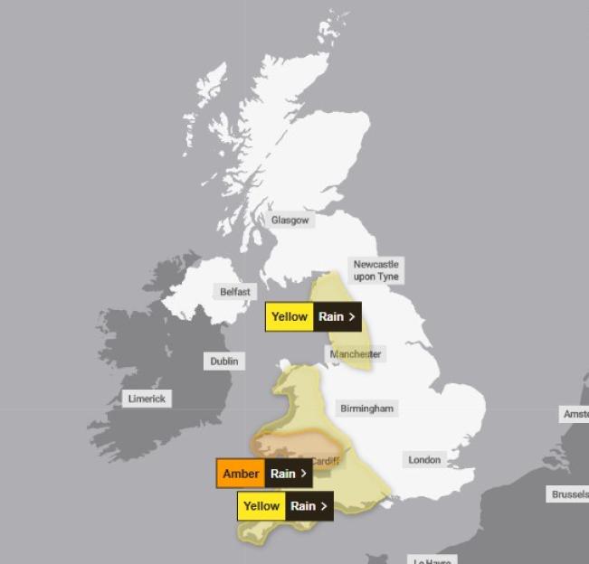 Illustration of a weather map of the UK and Ireland showing an amber rain warning over Wales, and yellow rain warnings over parts of England.