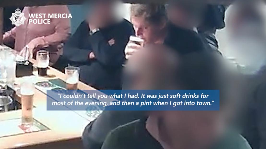 A blurred image of people drinking in a pub, with a quote stating, "I couldn't tell you what I had. It was just soft drinks for most of the evening, and then a pint when I got into town."