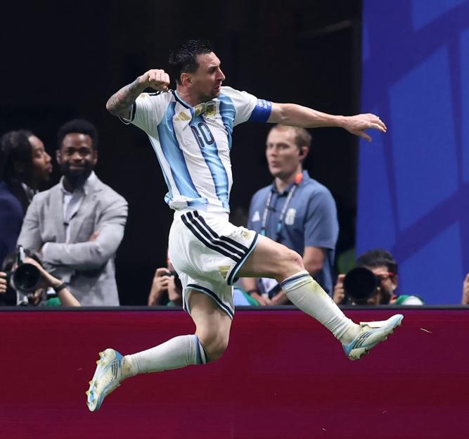 Lionel Messi celebrates scoring a goal for Argentina against Egypt in the FIFA World Cup 2026 Round of 16.