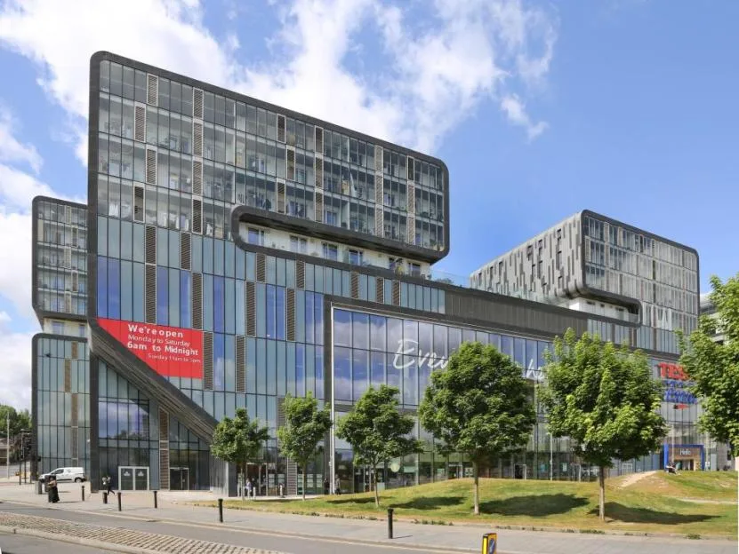 Exterior view of the Tesco Extra superstore development on General Gordon Square in Woolwich, southeast London.