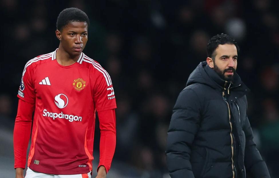 Manchester United player Chido Obi and head coach Ruben Amorim at a Premier League match.