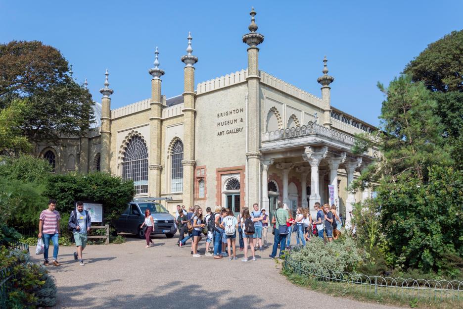 A school group gathered outside the Brighton Museum & Art Gallery.