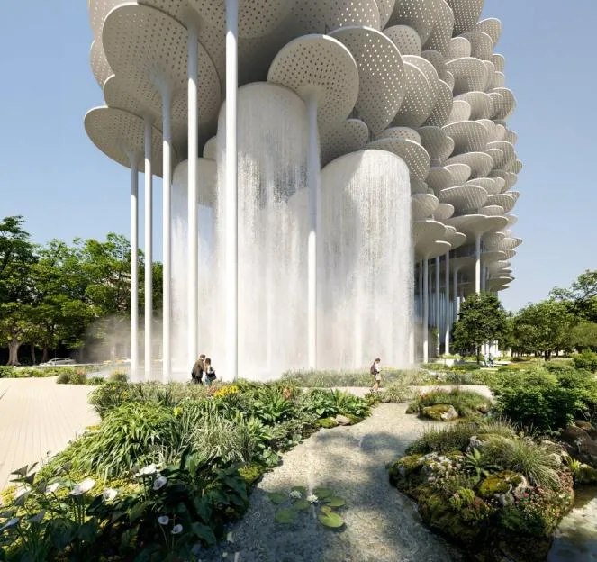 Illustration of the Tirana Fountain Plaza building elevated on columns, featuring water falling from above into a park below.