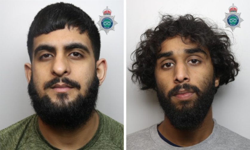 Collage of two mugshots: on the left, a man with a dark beard and short dark hair; on the right, a man with a dark beard and curly dark hair.