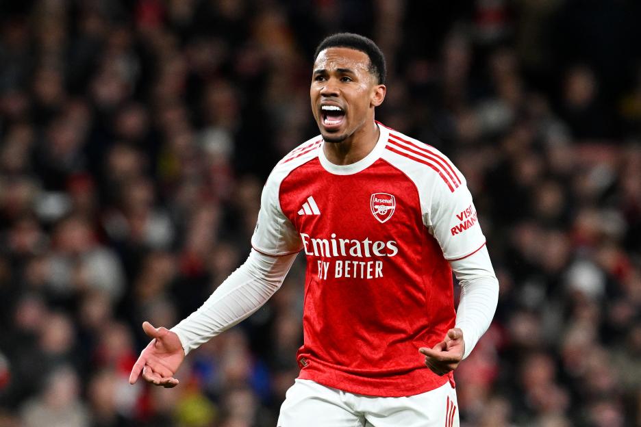 Gabriel of Arsenal reacts during a Premier League match.