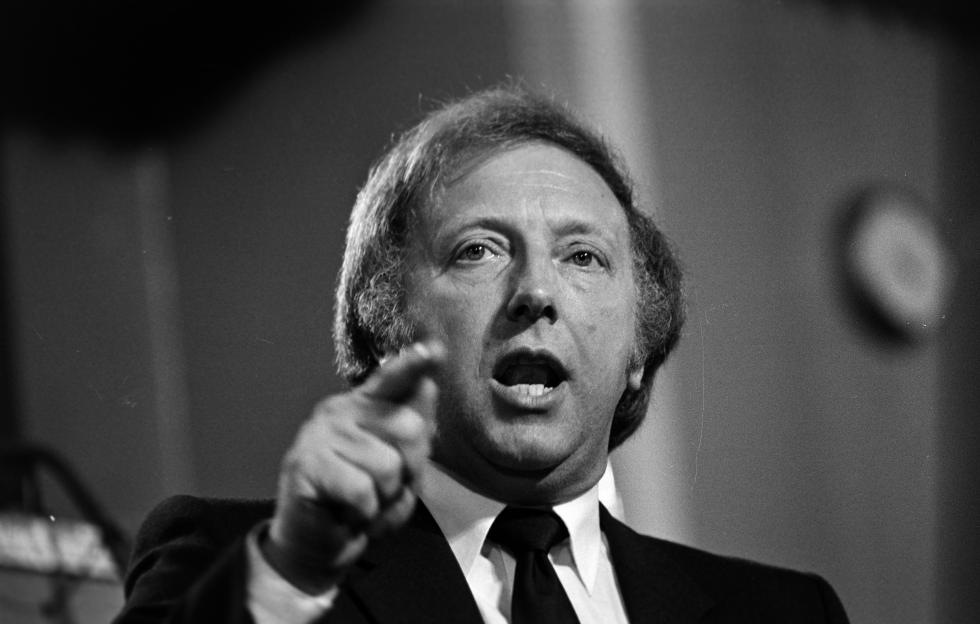 Arthur Scargill speaking and pointing during the Labour Party conference in Blackpool.