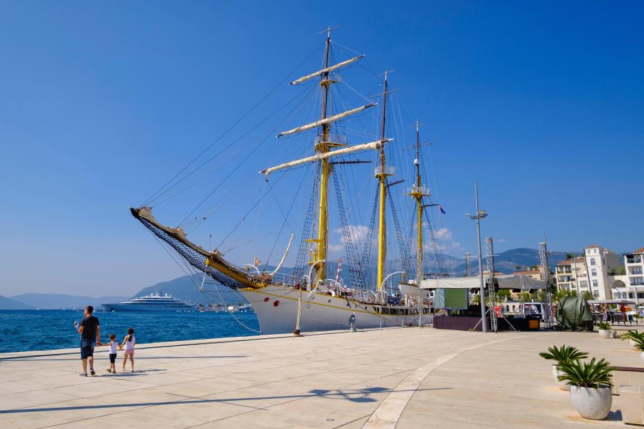 A three-master sailing ship in Tivat, Bay of Kotor, Montenegro.