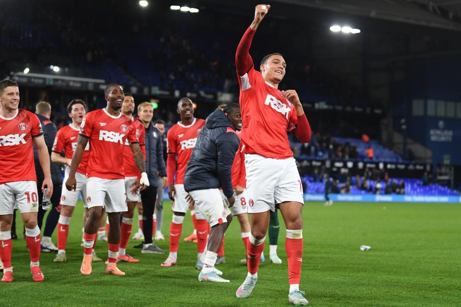 Miles Leaburn celebrates a Sky Bet EFL Championship win for Charlton Athletic.