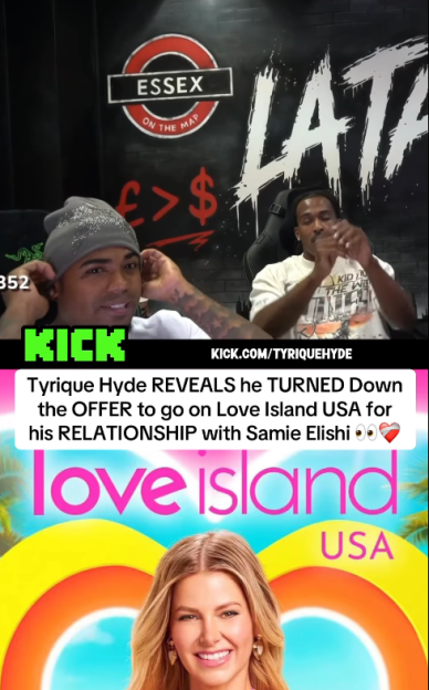 Collage of a live stream featuring two men and a promotional graphic for Love Island USA with a woman's face.