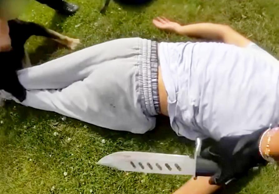 Moment thug stabs man twice with zombie knife after row erupts in street