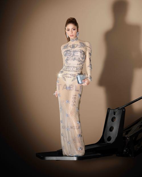 Shakira in a sheer, embellished Burberry gown with a silver clutch.