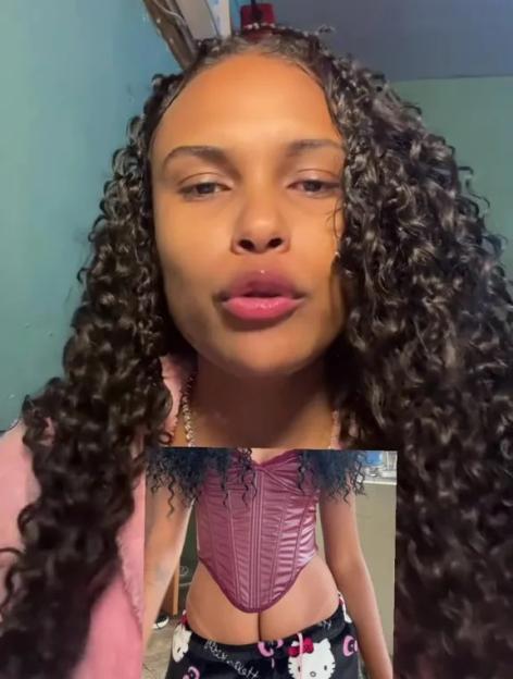 Woman with long curly hair speaking to the camera, with an inset image of her torso wearing a purple corset and Hello Kitty pajama bottoms.