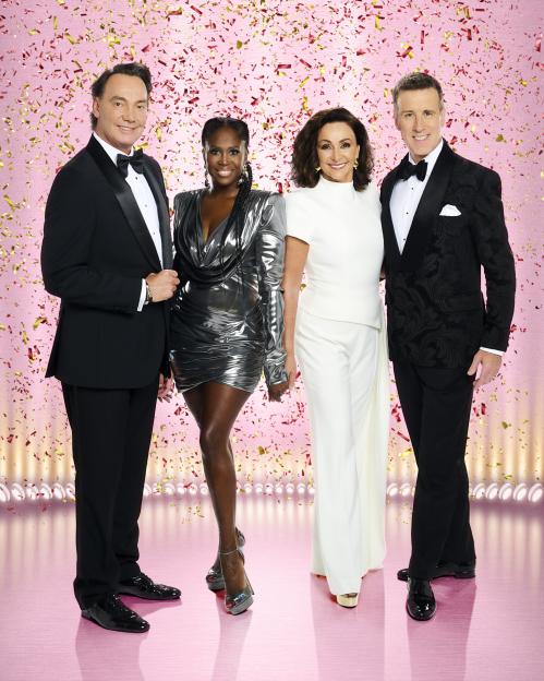 The judges for Strictly Come Dancing 2025: Craig Revel Horwood, Motsi Mabuse, Shirley Ballas and Anton Du Beke, posing on a pink confetti-strewn backdrop.