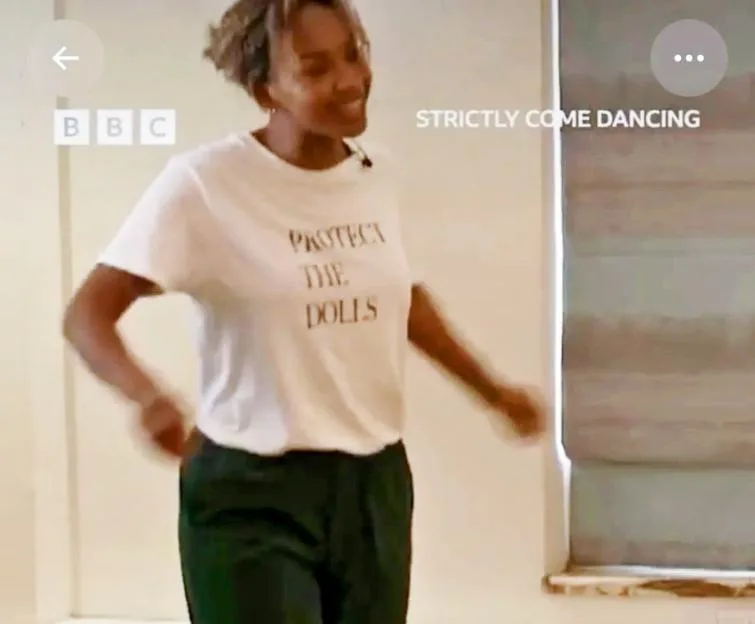 Bethany Antonia wearing a "Protect The Dolls" T-shirt on Strictly Come Dancing.