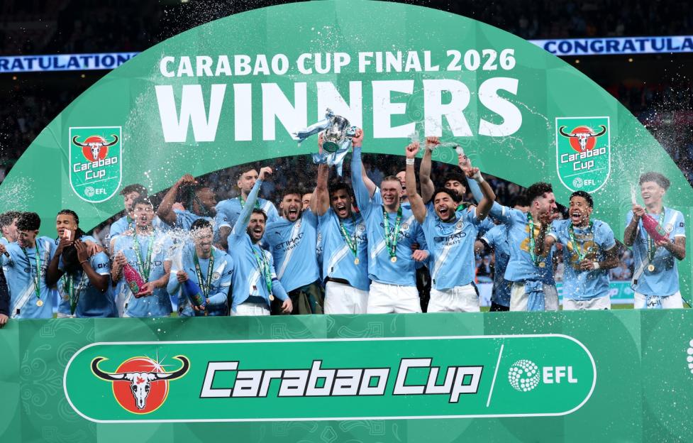 Manchester City players celebrate winning the Carabao Cup Final 2026.