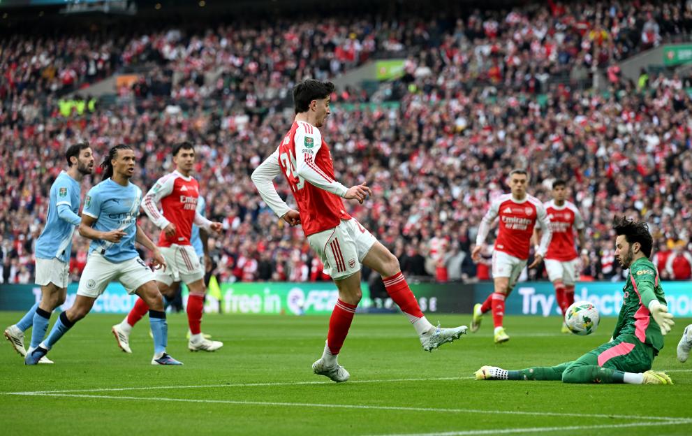 Kai Havertz of Arsenal has his shot saved by James Trafford of Manchester City during the Carabao Cup Final.
