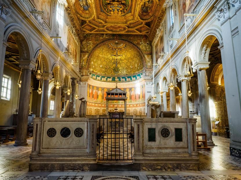 View of the presbytery inside the Basilica di San Clemente al Laterano in Rome, Italy.