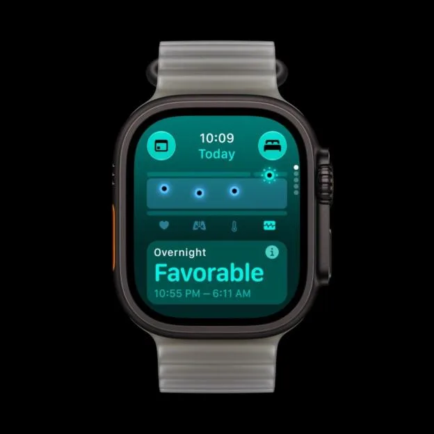 Illustration of a smartwatch displaying overnight health metrics, including a favorable sleep assessment from 10:55 PM to 6:11 AM.