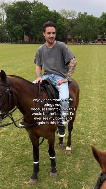 Liam Payne smiling while riding a horse on a grassy field, with text "enjoy each moment life brings you. because I didn't know this would be the last time I'd ever see my boyfriend again in this lifetime."