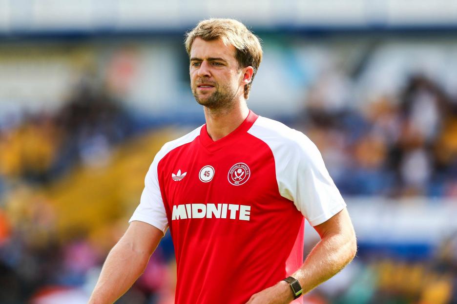 Mansfield, UK. 09th Aug, 2026. Patrick Bamford of Sheffield United in the pregame warmup session during the Mansfield Town v Sheffield United Carabao Cup 1st Round match at Field Mill One Call Stadium, Mansfield, England on 9 August 2026 Credit: Rich