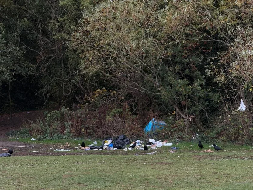 W8media..Travellers leave lots of mess behind in Finchley north London much to the anger of the locals after they return to the park following last years illegal encampment..20/10/2026.
