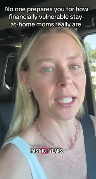A woman in a car with the text "No one prepares you for how financially vulnerable stay-at-home moms really are. PAST 10+ YEARS."